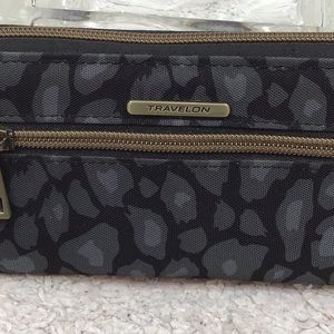 Travelon black pattern zip around slim wallet